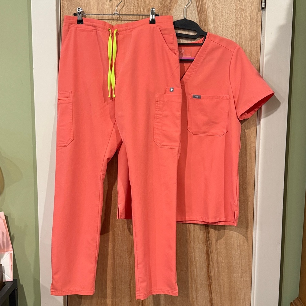 Figs Coral One Pocket Top and Cargo Pants with Yellow Drawstring